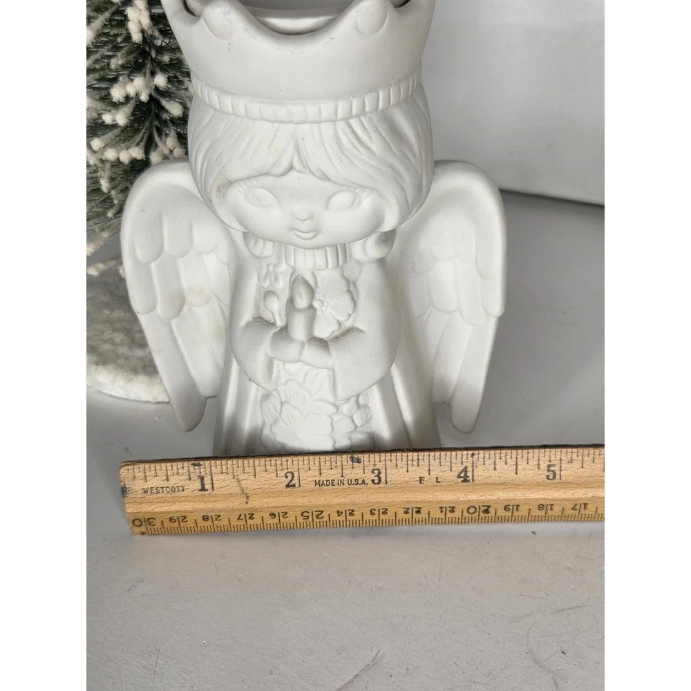 Vintage White Bisque Ceramic Angel Figurine Crown Candle Holder 6 Inch